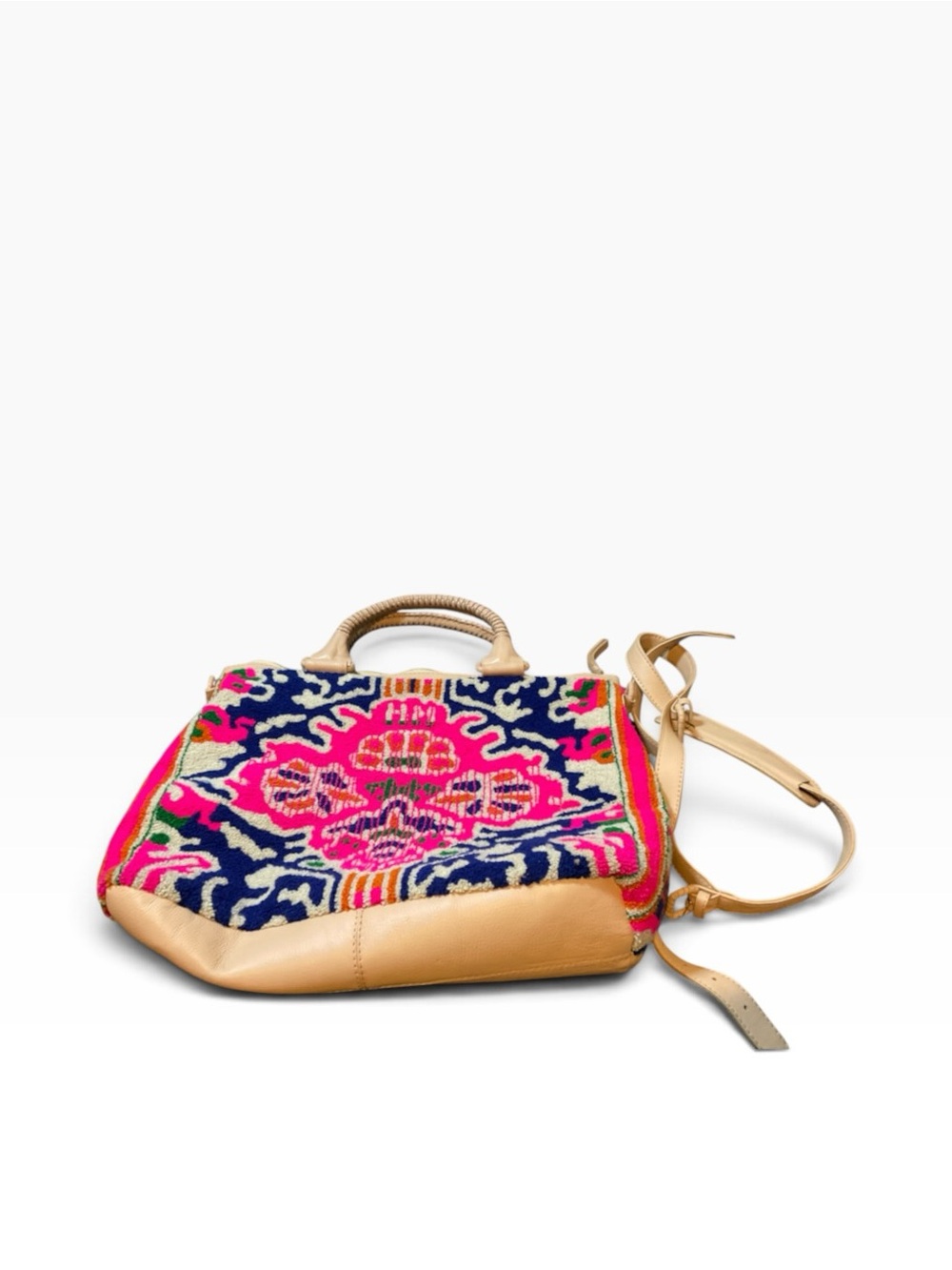 Cleobella Pink & Navy Embroidered Shoulder Bag with Tan Trim